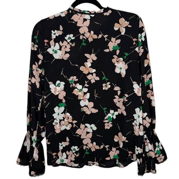 Karl Lagerfeld Paris Black Floral Button-Up Blouse Trumpet Sleeve Size Small - Picture 5 of 11